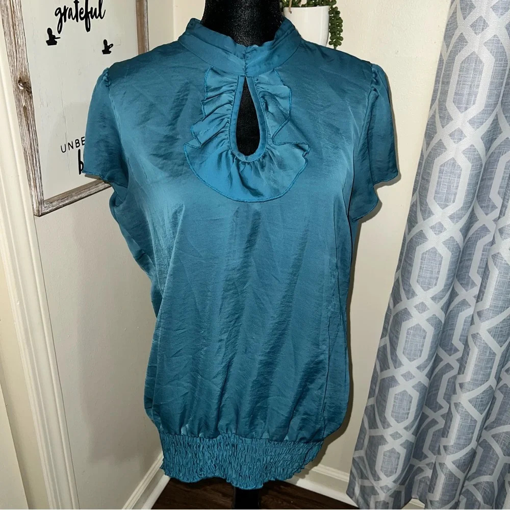 Maurices high neck ruffle short sleeve’s teal blue blouse